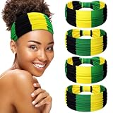Hoteam 4 Pack Jamaican Flag Wide Headbands for Women, Black Green Gold Elastic Turban Hair Wrap, Jamaica Independence Day Reggae Rasta Hair Accessories Party Favors Gifts(Rasta,Green Yellow Black)