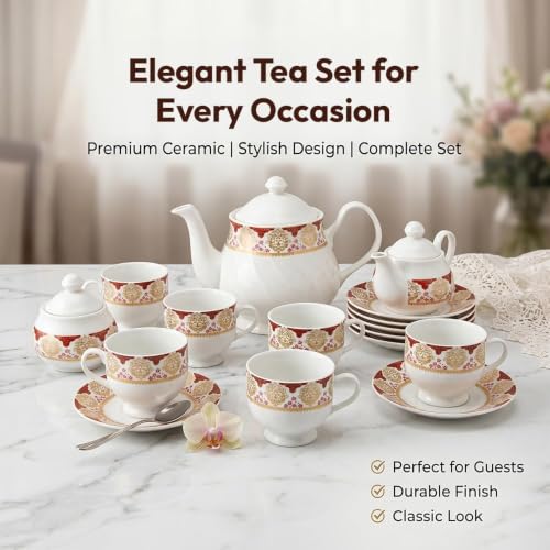 Image of U.P.C Ceramic Tea Set with Kettle, Tea Cups & Saucers, Premium Tea Pot Set for Tea & Coffee, Elegant Tea Serving Set for Home, Office, Parties & Housewarming Gift- (TS011)