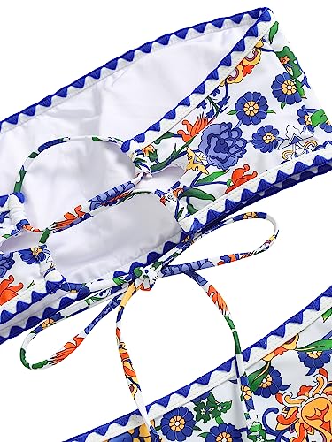 Image of ZAFUL Women Strapless Textured Bandeau Bikini 2 Piece Swimwear Cheeky Solid Lace up Bathing Suits