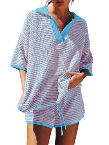 Image of Tankaneo Womens Sweater Set 2 Piece Outfits Oversized 3 /4 Sleeve V Neck Knit Tops High Waisted Shorts Lounge Sets