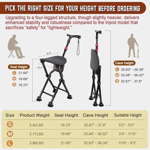 Image of Four-Legged Cane with Seat, Unisex Cane with Seat Folding Lightweight, Adjustable Anti-Slip Cane Chair, Walking Cane with Seat Suitable for Men, Women, Adults and Seniors