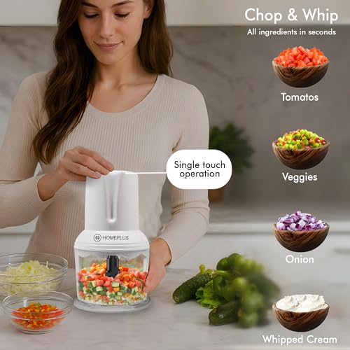 Image of Homeplus Electric Chopper Neo 250W (CH-1301) | Vegetable, Fruit & Meat Chopper with Whisking Function | Dual Blade System, 700ml Bowl, Fast Chopping, Easy Clean, Compact (White)