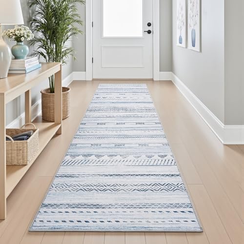 2x10 Runner Rug Machine Washable Non Slip Area Rug Distressed Neutral Moroccan Boho Rug Ultra Soft Floor Runners for Hallways for Entryway Laundry Room Kitchen, Blue