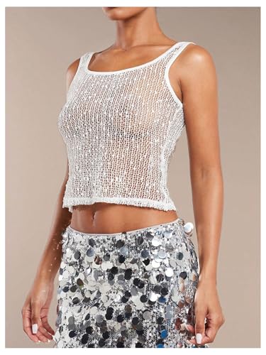 SweatyRocks Women's See Through Sheer Tank Top Sleeveless Scoop Neck Knitted Crop Tops3