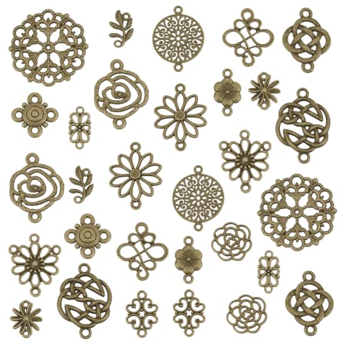 PH PandaHall 150PCS Flower Connector Charms - 15 Styles, Antique