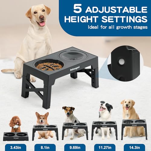2-in-1 Elevated Slow Feeder Dog Bowls for Food and Water, 5 Heights Adjustable Raised Dog Bowls, Non-Slip, No Spill, for Small Medium Large Dogs and Cats(Grey) - Image 2