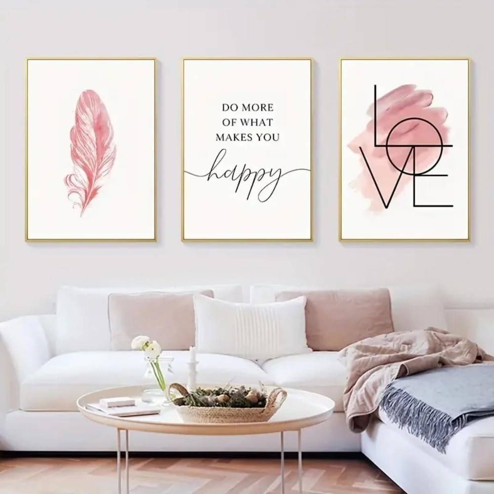 HURCP Set Of 3 Canvas Poster Abstract Feather Inspirational Quote Love Sign Blush Pink Aesthetic Wall Art Prints Gift Bedroom Living Room Dorm Gallery Corridor Decor Picture,A2 (42X60CM)