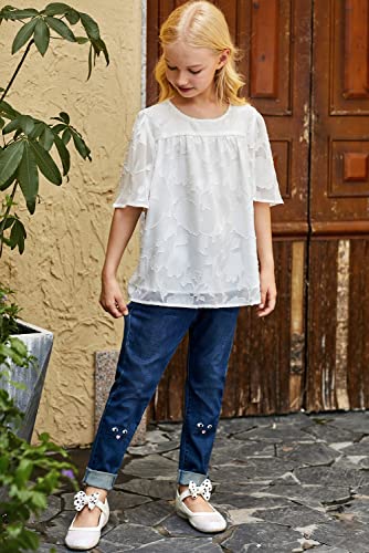 Blibean Girls Summer Boho Blouse Tween Kids Cute Flutter Short Sleeve Tops Solid Flowy Floral Shirt Fashion Clothing Ruffle Clothes Blusa Niña Size 12-13 Years Xx-Large White #TOP3