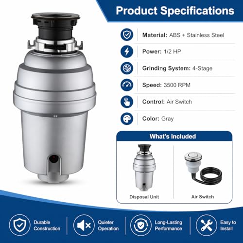 Badger 5 Garbage Disposal – 1/2 HP Continuous Feed Food Waste Disposer, Gray, Includes Air Switch & Accessories, Easy Install, Kitchen Trash Compactor by SierraSquad - Used condition - Image 7