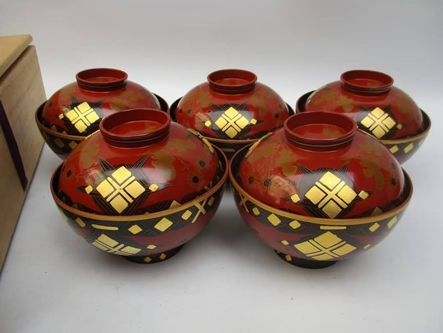 Amazon.co.jp: 輪島塗 □ 吸物椀 金箔 秀衡模様蒔絵 五客 □ 天然木