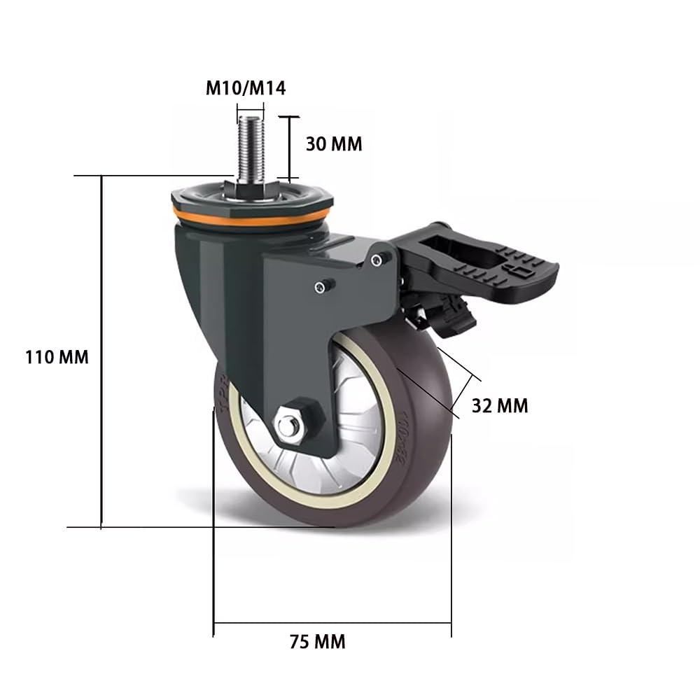 Stelo Filettato Ruote M10/M14, Ruote in Gomma 3 Pollice, Ruote Pivottanti Pesanti con Freni per Banco da Lavoro, Carrelli, 4 Pezzi(with Brake,M10x30)
