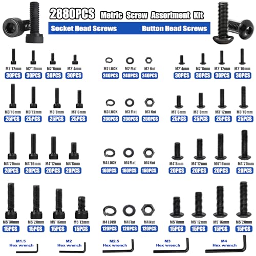 Image of Taiss 3160PCS Metric Flange Bolt Assortment Kit,Nuts and Bolts Assortment Kit M2 M3 M4 M5 M6x1.0 M8x1.25 M10x1.5 Bolt(4-45mm) 42 Sizes Hex Socket Button & Cap Head Metric Screw 10.9 Black Zinc Plated