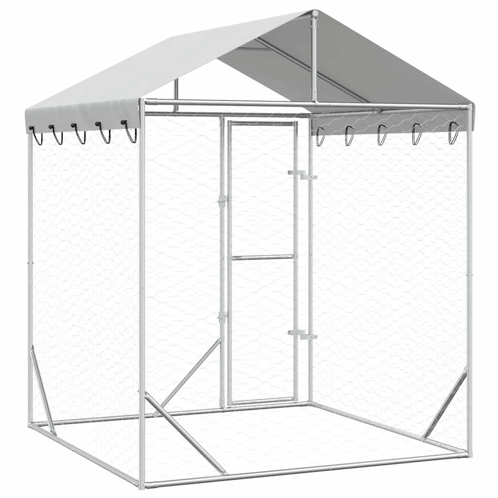 Zewnętrzna hodowla dla psów z dachem, srebrna stal ocynkowana, 2 x 2 x 2,5 m, przestronny wybieg dla szczeniaków z zamykanym systemem ryglowania dla psów, królików, woliery, chodnika, kratka dla