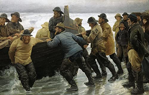Peinture Murale Pêcheurs lançant une barque pour raviver un mur vide de salon
