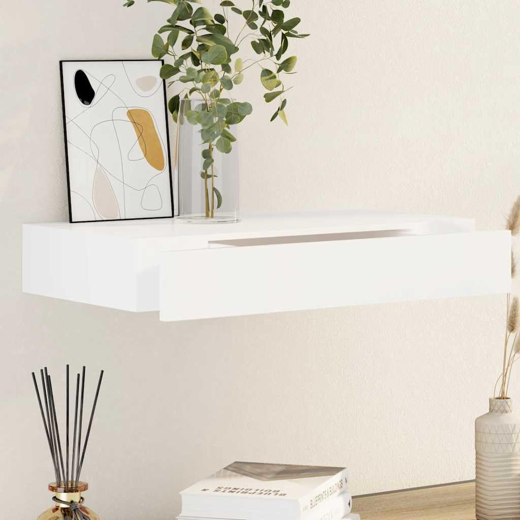 Estantería de pared con cajón MDF blanco, 48 x 25 x 8 cm, estante flotante para dormitorio, baño, oficina, pasillo, decoración, fijación invisible, alta capacidad de carga