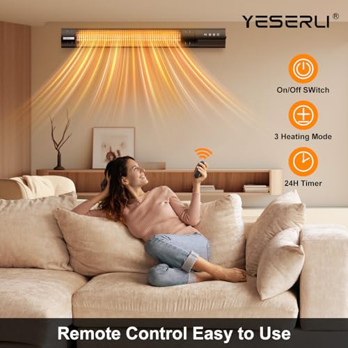 YESERLl Electric Patio Heater with Remote Control- 1500w Outdoor Heater Fast Heating with 3 Power Setting, WallMounted Carbon Infrared Heater Quiet - IP55 Waterproof and 24H Timer for Snow Outdoor