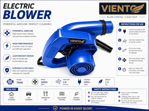 Image of 700W Electric Air Blower for Dust Cleaning High Speed Portable Handheld Air Blower with Extension Nozzle for PC Laptop Keyboard CPU Car Interior Home Office Workshop Cleaning (Blue)