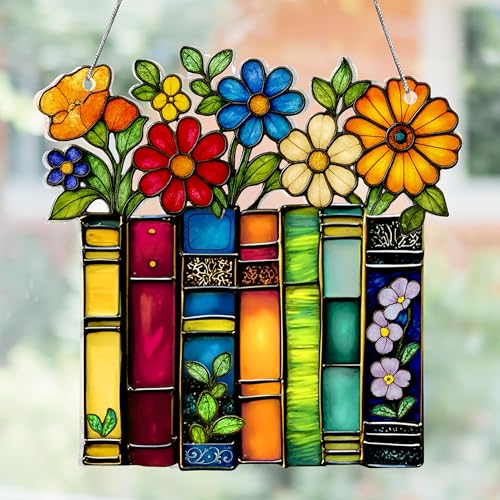 Book Ornament Stained Glass Window Hanging Acrylic, Teacher Back To School Gift, Bookish Gifts For Librarian, Book Lovers, Reader, Women, Suncatcher Effect Decor For Christmas Tree (Floral Shelf)