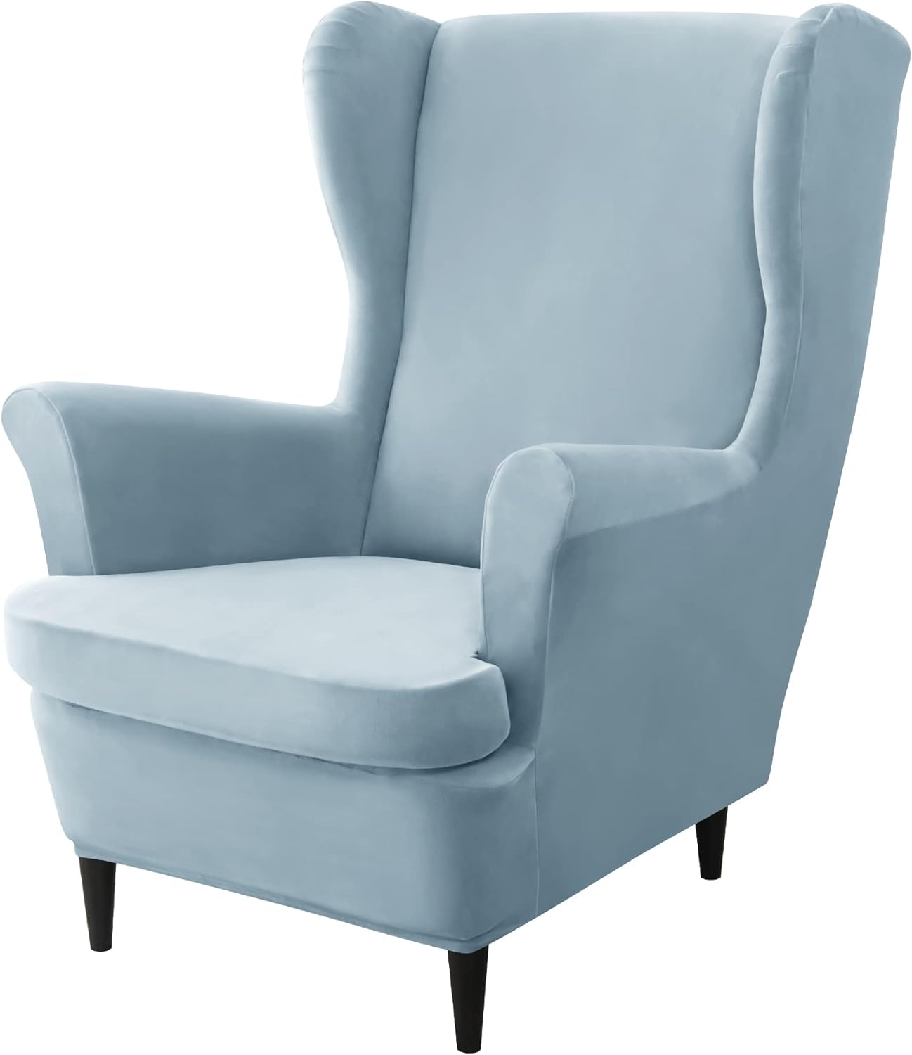 CONRUSER Stretch Wingback Chair Covers, 2 Piece Wing Chair Slipcovers Soft Velvet Armchair Covers with Elastic Bottom for Living Room Bedroom (Light Blue)