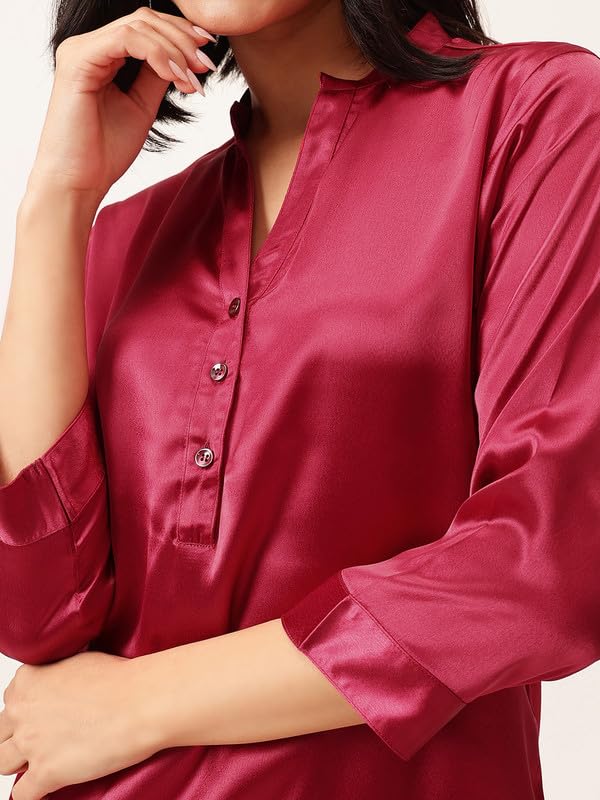 Image of Clovia Women's Chic Basic Satin Long Button Down Top with Dhoti Style Skirt