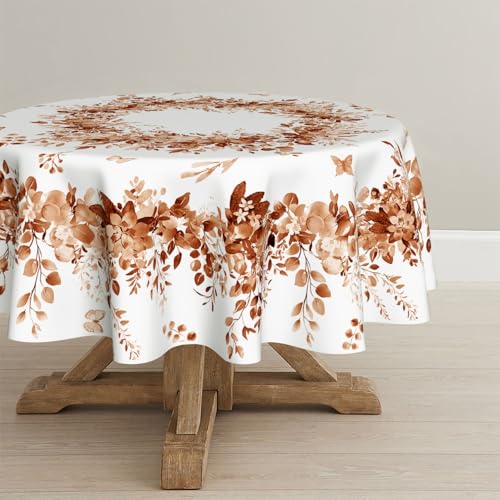 Image of Horaldaily Fall Tablecloth 70 x 70 Inch Round Eucalyptus Floral Caramel | Seasonal Washable Table Cover for Party Picnic Dinner Decor