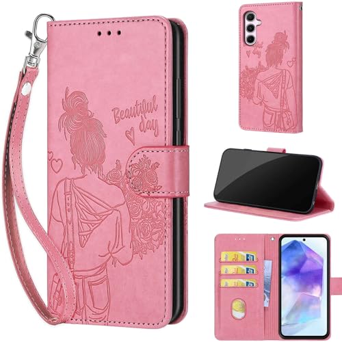Cadeau femme étui Samsung Galaxy A55 5G en cuir rose fleuri gravé avec dragonne