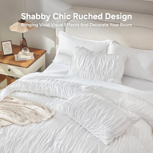 Image of Andency Ruched Oversized Queen Comforter Set White, 7 Pieces Ruffle Bed in a Bag, Shabby Chic Pleat Bedding Set with Comforter, Sheets, Pillowcase & Sham, Lightweight, Soft, All Season