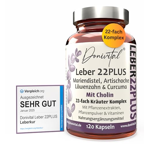 Mariendistel 22-fach Komplex - Testnote SEHR GUT - Leber-Kur-Kapseln 80% Silymarin - Mit Cholin für die Leber - Vitamine und Naturkräuter