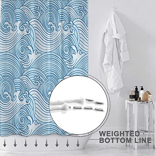Decoreagy Ocean Wave Shower Curtain For Bathroom,Blue And White Shower Curtains Set For Bathroom With 12 Hooks, Coastal Bath Curtain 72X72In,Waterproof Fabric,Weighted Hem, Machine Washable #TOP3