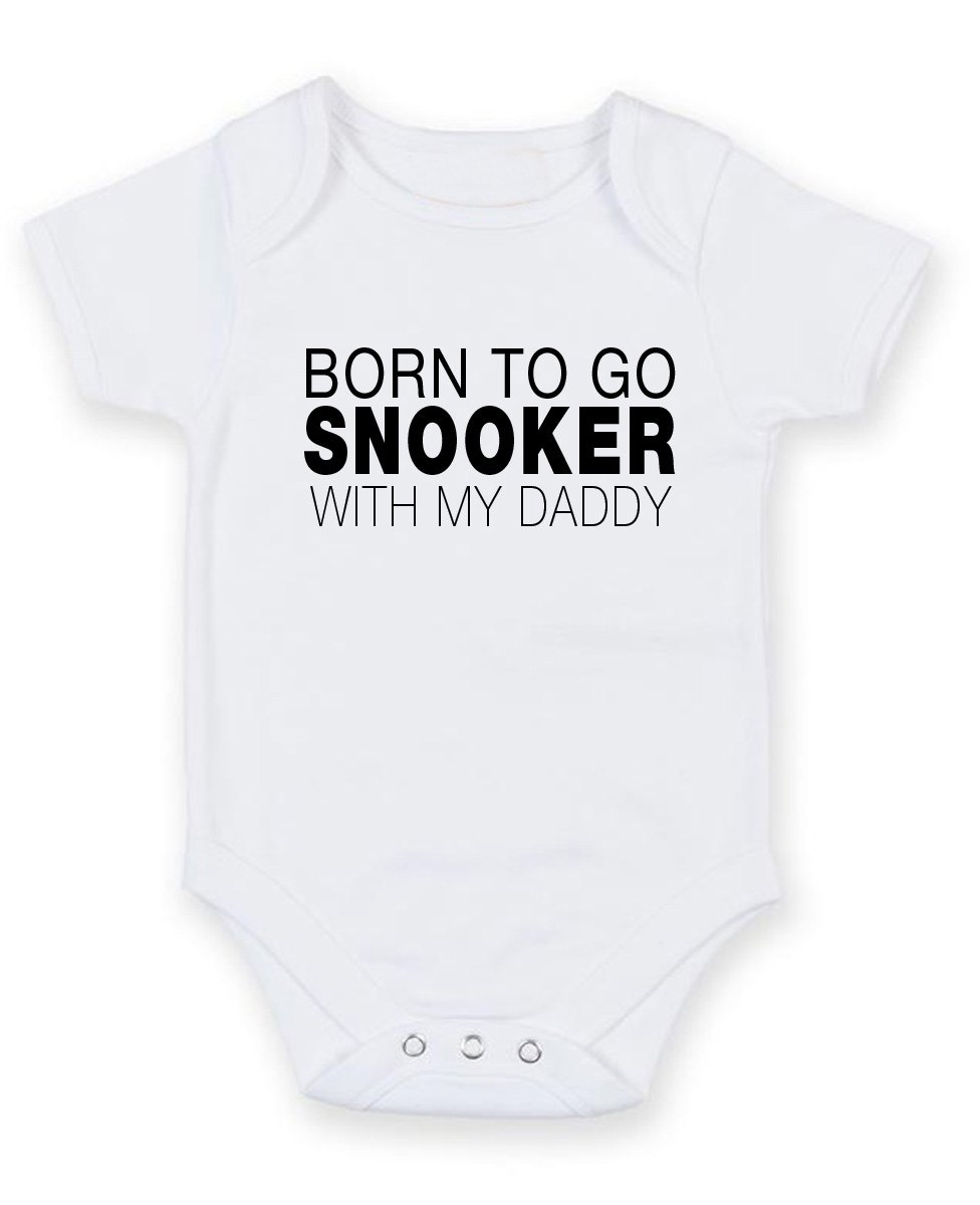 Foxyprinting Men's White Born To Go Snooker With My Daddy - Personalised Baby Boy Girl Baby Vestunisex Short Sleeve Bodysuit (3-6 Months)
