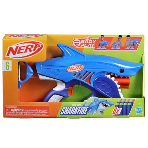 Image of Nerf Junior Wild Sharkfire, Easy Play Dart Blaster, 8 Elite Darts, Blaster Shark Toys for 6 Year Old Boys & Girls, Outdoor Toys