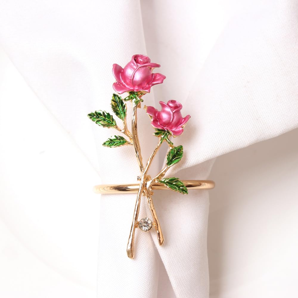 Set of 6 Pcs Metal Rose Napkin Rings Set-Suitable for Western Restaurant -Wedding Banquet Carnival Party Table Decorations-Rose Flower Dinner Napkin Holder for Mother's Day-Dinners-Parties