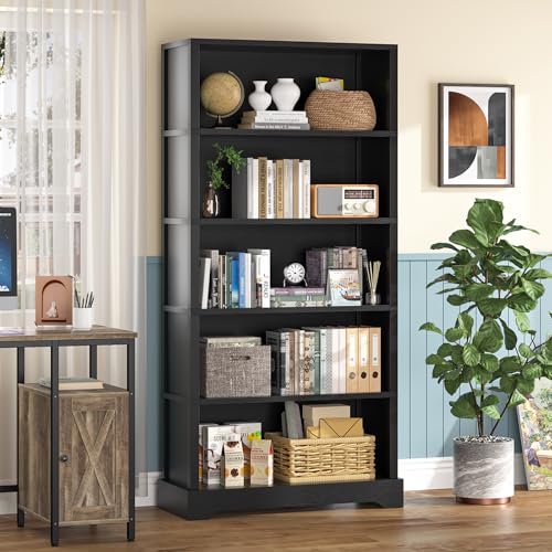 Image of TVU 5-Tier Wooden Bookshelf, 65 inch Tall Farmhouse Style Open Bookcase, 31.5 inch W Standing Book Shelf with Storage, Suitable for Study, Living Room, Office, Blcak