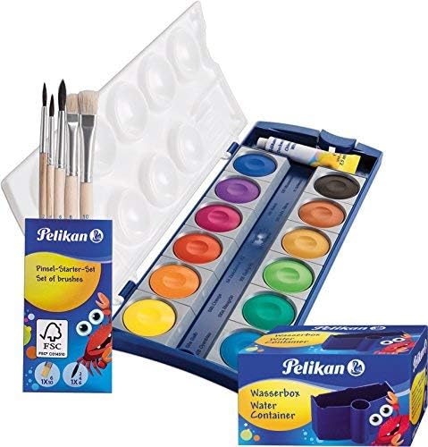 Pelikan Set DIN 5023 Deckfarbkasten 12 Farben + 1 Tube Deckweiß, Schul-Standard (mit Becher + Pinsel), Blau K12 Set