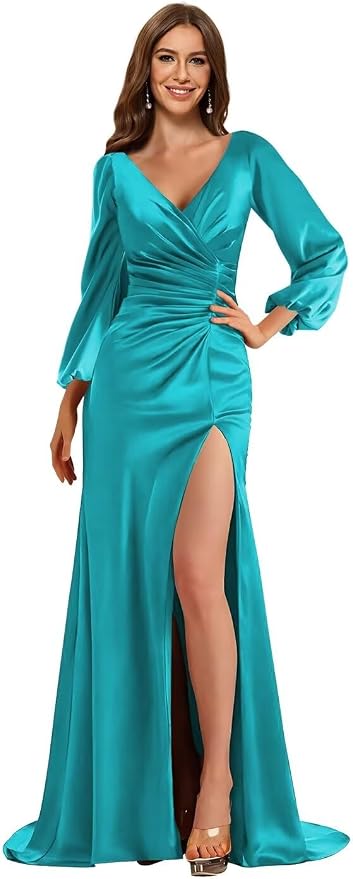 Raseal V Neck Satin Bridesmaid Dress with Slit Long Sleeves