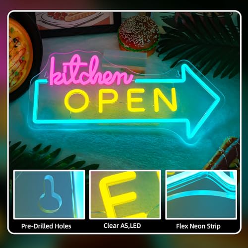 Image of Kitchen Open LED Neon Sign Dimmable Restaurant Wall Decor Fast Food Shop Sign Home Kitchen Decor USB Powered Adjustable Brightness Lights Food LED Neon Light for Restaurant Kitchen Store Snack Shop Party Business Decor