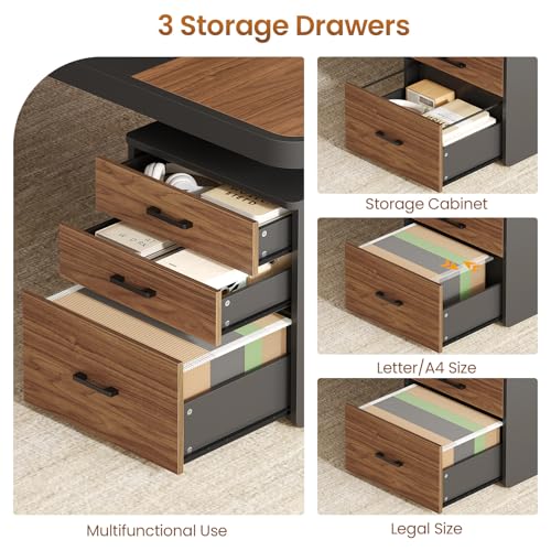 Image of Itaar 70.9 inch Executive Desk, Large Computer Desk with Drawers and Lateral File Cabinet, Office Desk with Removable Shelves, Business Furniture Desk Workstation for Home Office, Brown