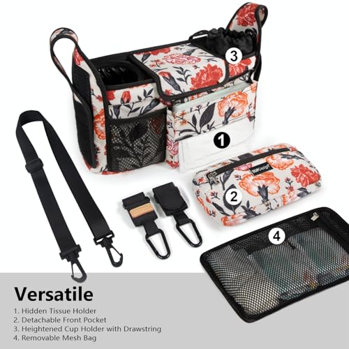 Image of TOPDesign Universal Baby Stroller Organizer, Stroller Caddy with Detachable Mesh Bag & Heightened Insulated Cup Holders & Non-Slip Secure Hooks Accessories, Fits Most Strollers (Trumpet Vine)