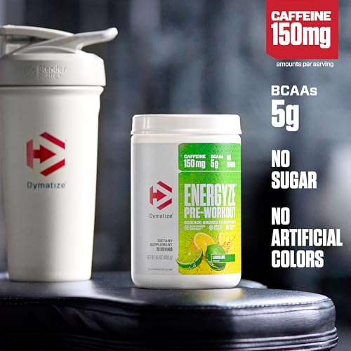 Image of Dymatize Energyze Pre Workout Powder for Men and Women, Lemon Lime Flavor, 150mg Caffeine, 5g BCAAs, Performance Blend of L-Theanine, L-Tyrosine, L-Citrulline, No Sugar, 30 Servings