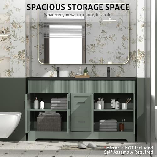 Image of eclife 60 inch Bathroom Vanities Sink Combo with Painted Surface, Modern Drawered Cabinet W /Decorative Wave Lines, Undermount Double Black Sink, Matte Black Faucet Drain, Gray Green