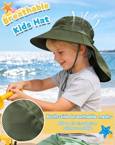 Image of Rosoz Kids Sun Hat with Neck Flap UV Protection Summer Toddler Beach Hat Unisex Ponytail Hat Wide Brim Fishing Hat
