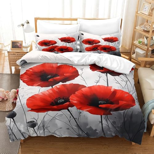 Housse de couette pavots rouges 200x200 parure de lit microfibre ado
