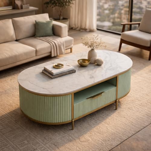Image of Monaco Coffee Table | Premium Sintered Stone Top Center Table for Living Room | Sage Green with Gold Finish | 110 x 60 x 45 cm