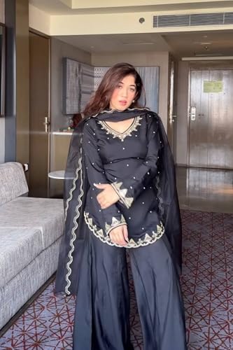 Image of IYALAFAB WOMEN'S Heavy Natural Crep Silk Stitched Ethnic Salwar Kameez - Long Kurti with Embroidered Sleeves, Party & Festival Wear (SF251-ve115 Black1 XXL)