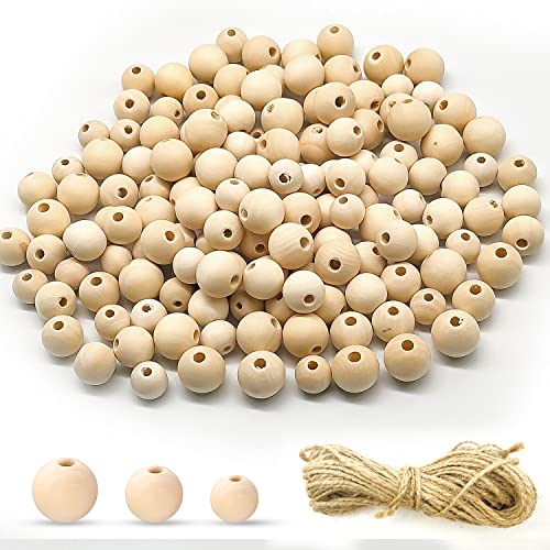GEERDAN 120 Piezas Abalorios Madera Natural, Cuentas de Madera Redondas, Cuentas Redondas Sueltas de Madera con Agujero para las Decoraciones Hechas a mano,Macramé, Pulseras y Joyas (10mm 14mm 18mm) Cover