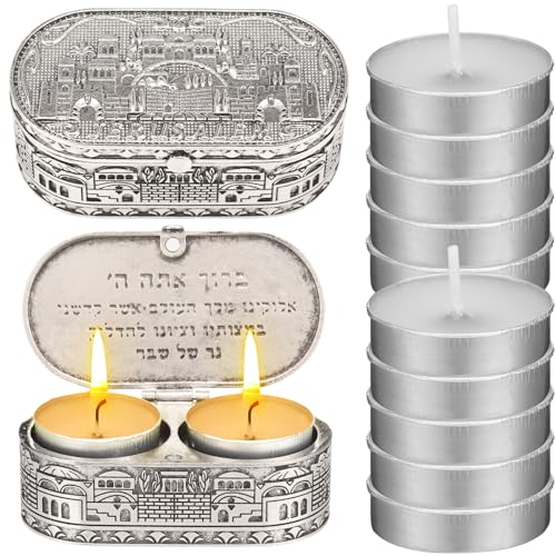 Skybooly Jewish Shabbat Metal Travel Candle Holders Travel Size Jerusalem Candlesticks with 10 Pcs Mini Tealight Candles White Votive Tea Lights Candles Unscented Set for Home Shabbat (Rectangle)