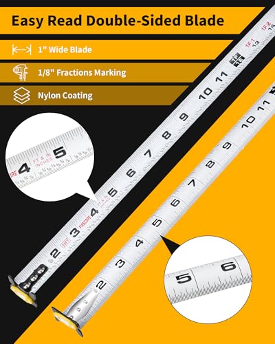 Firecore Tape Measure 25 ft with 1/8 Fractions, Magnetic Double-Hook Measuring Tape Retractable, 1" Wide Easy Read Both-Side Measurement Tape with Nylon Coating,Finger Brake for Construction Carpenter