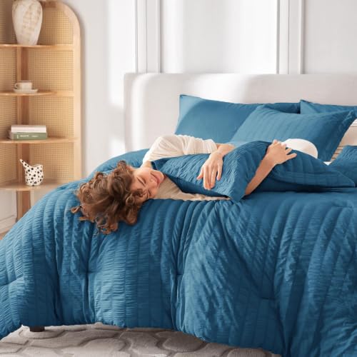 Image of MUXHOMO 7 Pieces Oversized King Comforter Set, Seersucker Bed in a Bag Oversized King Size, All Season Luxury Bedding Set with Comforter, Flat Sheet, Fitted Sheet, Pillowcases & Shams, Teal