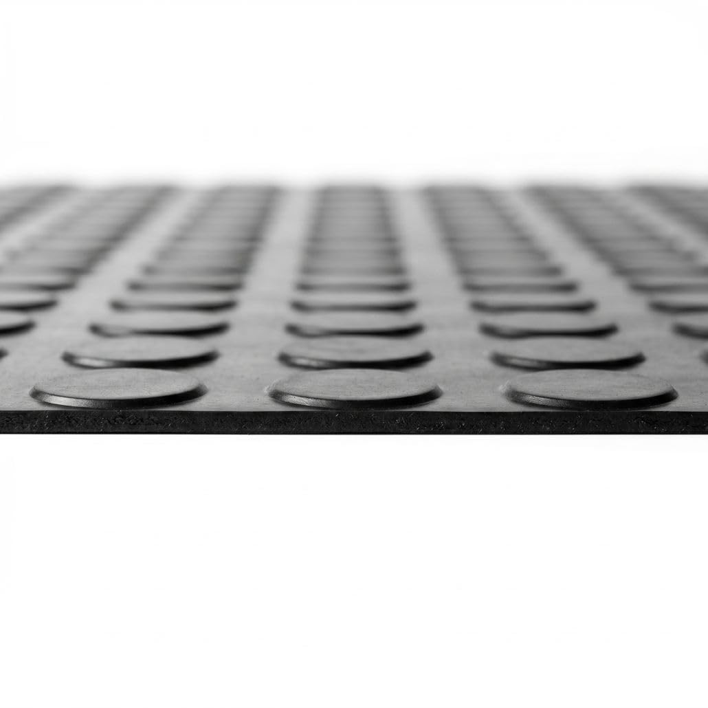 Pavimento Caucho Círculos Negro 1,50x15 m LESTARE | Suelo Goma Botones Antideslizante en Rollo 3 mm para Negocios, Industria y hogar