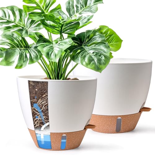 T4U 2er Set 25cm Selbstbewässernder Blumentopf mit Wasserstandsanzeige, ideal für Geigenfeige & Monstera, pflegeleicht, blumentopf Gross innen & pflanzkübel groß außen,（Weiß）